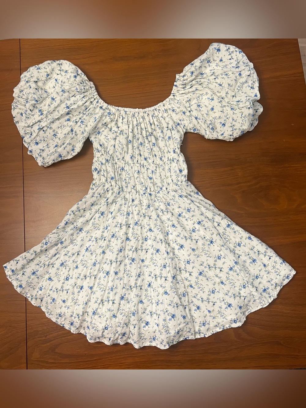 Sky to Moon Blue Floral Puff Sleeve Mini Dress - Size S (Excellent Condition)
